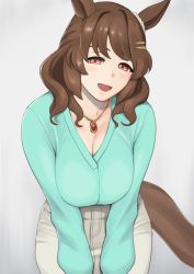 Rule 34 | 1girl, animal ears, blue sweater, blush, breasts, breasts squeezed together, brown hair, cleavage, cowboy shot, denim, hair ornament, hairclip, highres, horse ears, horse girl, horse tail, jeans, jewelry, kuroi ani, large breasts, leaning forward, light hello (umamusume), long hair, long sleeves, looking at viewer, mature female, medium hair, necklace, open mouth, pants, red eyes, smile, solo, sweater, tail, umamusume, wavy hair, white pants