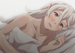 Rule 34 | 1girl, :d, backlighting, blush, breasts, cleavage, collarbone, corrin (female) (fire emblem), corrin (fire emblem), fire emblem, fire emblem fates, hair between eyes, kuhuku006f86, long hair, looking at viewer, lying, nintendo, nude, on bed, on side, open mouth, pointy ears, pov across bed, red eyes, silver hair, simple background, small breasts, smile, solo, under covers, upper body, white background