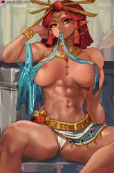 Rule 34 | 1girl, abs, absurdres, areola slip, blue lips, bracer, breasts, collarbone, covered erect nipples, gerudo, green eyes, hair ornament, highres, jewelry, large breasts, looking at viewer, loooyd, muscular, muscular female, navel, neck ring, necklace, nintendo, pointy ears, red hair, riju, short hair, sitting, skirt, solo, spread legs, the legend of zelda, the legend of zelda: tears of the kingdom, thighs, topless, white skirt