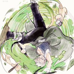 Rule 34 | 1boy, alternate costume, animal request, arm up, bandaged arm, bandages, belt, black pants, closed eyes, dual wielding, falling leaves, feet out of frame, green background, green kimono, green theme, grey hair, grin, hadanugi dousa, hair between eyes, highres, holding, holding scythe, inkgg, japanese clothes, jar, kimetsu no yaiba, kimono, leaf, leg wrap, long sleeves, looking at another, looking down, male focus, motion blur, multiple belts, open kimono, outstretched arms, pants, scar, scar on arm, scar on chest, scar on face, scar on forehead, scar on nose, scythe, shinazugawa sanemi, shoe soles, short hair, sleeves rolled up, smile, spinning, stirrup legwear, tail, toeless legwear, torn clothes, torn kimono, upside-down, visible air, wide sleeves, wind