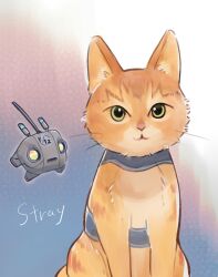 Rule 34 | b-12 (stray), cat, commentary request, cyberpunk, drone, floating, friends, ginger (stray), green eyes, harness, looking at viewer, mabuji, machinery, no humans, orange hair, pet, radio antenna, robot, science fiction, sketch, strap, stray (game), title