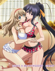 Rule 34 | 2015, 2girls, bare arms, bare legs, barefoot, bikini, black hair, blue eyes, bow, breast press, breasts, cleavage, closed mouth, collarbone, crossover, floating hair, frilled bikini, frills, hair between eyes, hair bow, hairband, hand on another&#039;s hip, high school dxd, himejima akeno, ikkitousen, indoors, kneeling, large breasts, light brown hair, long hair, multiple girls, open mouth, orange bow, plaid, plaid bikini, ponytail, red bikini, red eyes, red hairband, shiny skin, smile, sonken chuubou, swimsuit, symmetrical docking, very long hair, white bikini