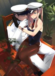 Rule 34 | 10s, 1boy, 1girl, admiral (kancolle), blonde hair, blue eyes, blurry, brown pantyhose, chair, depth of field, detached collar, eight tohyama, gloves, graf zeppelin (kancolle), hat, highres, kantai collection, leotard, long hair, military, military uniform, mizu (dl7613), necktie, pantyhose, peaked cap, playboy bunny, sitting, sitting on lap, sitting on person, thighband pantyhose, twintails, uniform