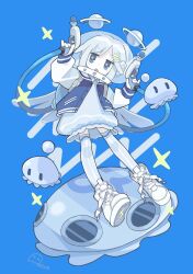 Rule 34 | 1girl, absurdres, aida (aidia), alien, artist name, blue background, blue eyes, blue jacket, dress, dual wielding, fishbowl helmet, flying saucer, full body, grey dress, grey hair, grey thighhighs, hair ornament, hairclip, helmet, highres, holding, holding weapon, jacket, jitome, letterman jacket, lightning bolt, lightning bolt hair ornament, lightning bolt symbol, long hair, long sleeves, looking at viewer, open mouth, original, pinky out, shoes, simple background, sneakers, solo, space helmet, spacecraft, sparkle, symbol-shaped pupils, thighhighs, weapon, white footwear, x-shaped pupils