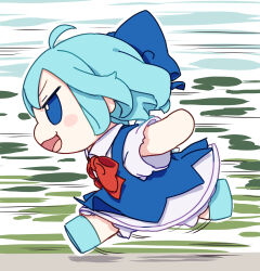 Rule 34 | 1girl, absurdres, ahoge, blue bow, blue dress, blue eyes, blue footwear, blue hair, blush stickers, bow, cirno, collared shirt, dress, fairy, full body, fumo (doll), highres, ice, ice wings, kame (kamepan44231), open mouth, shirt, shoes, short hair, short sleeves, solo, touhou, white shirt, wings
