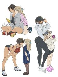Rule 34 | 2girls, ass, breasts, buruma, casual, dark-skinned female, dark skin, grabbing, grabbing another&#039;s breast, gym uniform, hand on another&#039;s chin, height difference, highres, kei (m k), large breasts, m k, multiple girls, original, pantyhose, rika (m k), school uniform, short hair, simple background, sitting, standing, taking picture, tall, tall female, tomboy, track uniform, yuri