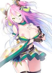Rule 34 | 1girl, absurdres, ahoge, backlighting, black gloves, breasts, cleavage, collarbone, floating hair, gloves, gluteal fold, green eyes, hair between eyes, hand on own chest, highres, houchi shoujo, large breasts, long hair, looking at viewer, navel, nipples, no panties, official art, parted lips, partially fingerless gloves, purple hair, single glove, solo, sora 72-iro, thighhighs, thighs, two side up, white background, white thighhighs