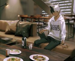 Rule 34 | 1boy, animal ears, arm support, black hair, black pants, blue eyes, blurry, blurry background, bottle, cat boy, cat ears, chair, closed mouth, commentary, couch, cup, cushion, drinking glass, fish, highres, holding, holding pen, hood, hoodie, ishida (segu ishida), long sleeves, looking at viewer, male focus, mirrored text, multicolored hair, on couch, original, pants, pen, plate, sitting, solo, table, two-tone hair, watch, white hair, white hoodie, wine bottle, wristwatch