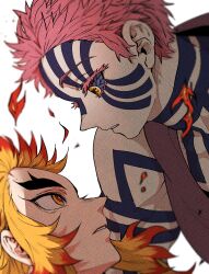 Rule 34 | 2boys, absurdres, akaza (kimetsu no yaiba), bare shoulders, blonde hair, blue sclera, blurry, colored eyelashes, colored sclera, colored tips, depth of field, eye contact, eyelashes, facial mark, facial tattoo, fire, forked eyebrows, from side, full-body tattoo, highres, kimetsu no yaiba, looking at another, male focus, multicolored eyes, multicolored hair, multiple boys, orange hair, parted lips, pink hair, portrait, profile, red eyes, red hair, rengoku kyoujurou, short hair, sidelocks, simple background, sleeveless, streaked hair, surprised, t a n jr, tattoo, text in eyes, toned, toned male, white background