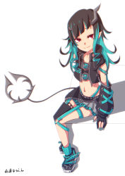 Rule 34 | 1girl, nanashi inc., absurdres, belt, belt bra, black footwear, black gloves, black hair, black jacket, black skirt, black thighhighs, blue belt, blue hair, blue socks, chest belt, closed mouth, clothing cutout, commentary request, cropped jacket, cross-laced clothes, cross-laced sleeves, demon girl, demon horns, demon tail, fang, flat chest, full body, garter straps, gloves, grey skirt, highres, horns, jacket, layered skirt, long hair, long sleeves, looking at viewer, midriff, multicolored hair, navel, open clothes, open jacket, partially fingerless gloves, pointy ears, red eyes, saiho, shishio chris, shoes, shoulder cutout, simple background, single thighhigh, sitting, skirt, smile, sneakers, socks, solo, sugar lyric, tail, thighhighs, two-tone hair, virtual youtuber, white background, zipper skirt