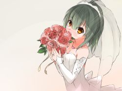 Rule 34 | 1girl, ahoge, alternate costume, bare shoulders, blush, bouquet, breasts, bridal veil, bride, brown eyes, cleavage, collarbone, covering own mouth, detached sleeves, dress, flower, from above, gradient background, hair between eyes, heart, heart necklace, holding, holding bouquet, jewelry, kantai collection, long sleeves, looking at viewer, looking up, myuto (advent retribution), necklace, pendant, ponytail, red flower, red rose, ring, rose, see-through, short hair, small breasts, solo, strapless, strapless dress, tareme, upper body, veil, wedding band, wedding dress, white dress, yellow background, yuubari (kancolle)