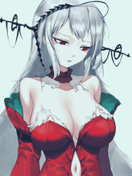 Rule 34 | 1girl, arknights, bare shoulders, closed mouth, clothing cutout, collarbone, detached collar, detached sleeves, dress, grey background, headgear, highres, lipstick, long hair, long sleeves, looking away, looking down, makeup, navel, navel cutout, official alternate costume, red dress, red eyes, siguya, silver hair, simple background, skadi (arknights), skadi the corrupting heart (arknights), solo, straight hair, strapless, strapless dress, torn clothes, torn dress, upper body, very long hair