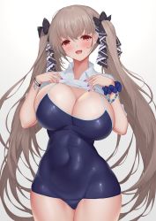 Rule 34 | 1girl, :d, absurdres, azur lane, bead bracelet, beads, blue one-piece swimsuit, blue scrunchie, blush, bracelet, breasts, brown hair, covered navel, formidable (azur lane), hair ornament, highres, jewelry, large breasts, long hair, looking at viewer, nail polish, one-piece swimsuit, open mouth, pinkcap, purple nails, red eyes, scrunchie, smile, solo, swimsuit, twintails, wrist scrunchie