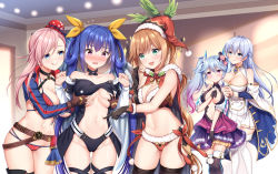 Rule 34 | 5girls, :d, :q, absurdres, american flag bikini, american flag print, aqua eyes, azur lane, bare arms, bare shoulders, belt, bikini, black choker, black gloves, black legwear, blue eyes, blue hair, blush, boots, braid, breasts, brown gloves, brown hair, cape, center opening, character request, choker, clarisse (granblue fantasy), cleavage, coat, crossover, dizzy (guilty gear), dress, fate/grand order, fate (series), fingerless gloves, flag print, fur trim, girl sandwich, gloves, gluteal fold, gold trim, gradient hair, granblue fantasy, green eyes, groin, groping, guilty gear, hair ribbon, hair rings, hand on own chest, hands on another&#039;s shoulders, hands up, hat, highres, indoors, large breasts, long hair, long sleeves, looking at another, miniskirt, miyamoto musashi (fate), miyamoto musashi (fate/grand order), miyamoto musashi (swimsuit berserker) (fate), multi-strapped bikini, multicolored hair, multiple girls, navel, off shoulder, open mouth, pink eyes, pink hair, pleated skirt, poking, print bikini, purple eyes, red bikini, red headwear, revealing clothes, ribbon, rodney (azur lane), sandwiched, sannio, santa bikini, santa hat, shrug (clothing), silver hair, skirt, smile, standing, stomach, string bikini, swimsuit, thigh boots, thighhighs, thighs, tongue, tongue out, twintails, white legwear, white skirt, zettai ryouiki