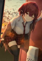 Rule 34 | 1girl, :/, absurdres, apartment, bent over, bird, breasts, cattonyan, cloud, hair ribbon, highres, hololive, houshou marine, large breasts, necktie, one eye closed, plaid, plaid skirt, pleated skirt, red hair, ribbon, school uniform, skirt, solo, sunset, thighhighs, twintails, uniform, virtual youtuber