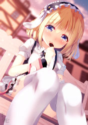 Rule 34 | 1girl, animal ears, black skirt, blonde hair, blouse, blue eyes, blurry, blurry background, blush, building, candy, center frills, chinomaron, chocolate, chocolate heart, collared shirt, commentary request, crying, crying with eyes open, depth of field, dutch angle, fake animal ears, fleur de lapin uniform, floppy ears, food, frilled hairband, frilled shirt, frilled skirt, frills, gochuumon wa usagi desu ka?, hair between eyes, hairband, heart, highres, holding, holding food, kirima syaro, nose blush, on bench, outdoors, puffy short sleeves, puffy sleeves, rabbit ears, shirt, short sleeves, sitting, skirt, solo, sunset, tears, thighhighs, white shirt, white thighhighs, wrist cuffs