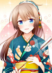 Rule 34 | 1girl, :d, alternate costume, aqua kimono, arrow (projectile), blue eyes, blush, brown hair, commentary request, fingernails, floral print, hamaya, holding, holding arrow, holding hamaya, japanese clothes, kantai collection, kazagumo (kancolle), kimono, long hair, long sleeves, looking at viewer, obi, open mouth, ponytail, revision, rui shi (rayze ray), sash, smile, solo, upper body, wide sleeves