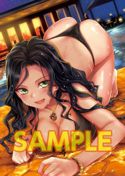 Rule 34 | 1girl, all fours, ass, bangle, barefoot, bikini, black bikini, black hair, blush, bracelet, breasts, building, character request, cleavage, copyright request, evening, feet, green eyes, jewelry, kikuzuki tarou, large breasts, long hair, looking at viewer, lying, necklace, night, night sky, open mouth, outdoors, pool, poolside, sample watermark, sky, smile, solo, star (sky), starry sky, swimsuit, toes, toranoana, watermark, wavy hair, wet, wet hair
