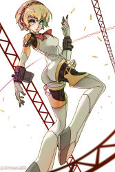 Rule 34 | 1girl, aegis (persona), android, ass, blonde hair, blue eyes, breasts, bullet, headphones, highres, joints, medium breasts, no feet, persona, persona 3, robot joints, rtil, short hair, solo, steel beam, watermark, web address, wedge heels
