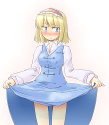 Rule 34 | 1girl, alice margatroid, arnest, blonde hair, blue eyes, blush, clothes lift, curtsey, dress, dress lift, embarrassed, female focus, hairband, looking away, short hair, skirt, skirt lift, solo, touhou