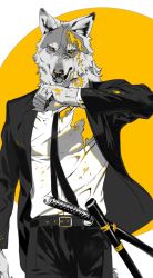 Rule 34 | 1boy, animal ears, blood, blood on clothes, blood on face, blood on hands, body fur, colored blood, cowboy shot, fangs, fingernails, formal, furry, furry male, hand up, highres, jacket, katana, long sleeves, looking at viewer, male focus, monochrome, necktie, open clothes, open mouth, original, sharp fingernails, sheath, shirt, simple background, solo, spot color, suit, suit jacket, sword, tail, weapon, white shirt, wolf boy, wolf ears, wolf tail, yellow background, yellow blood, yellow eyes, yellow theme, yoshi kaoru