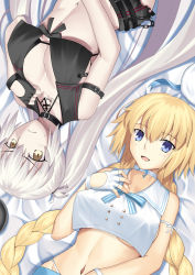 Rule 34 | 2girls, bare shoulders, belt, beret, bikini, black bikini, black gloves, black headwear, blonde hair, blue eyes, blue skirt, blush, braid, braided ponytail, breasts, chain, choker, cleavage, crop top, crop top overhang, fate/apocrypha, fate/grand order, fate (series), fingerless gloves, gloves, hat, highres, jeanne d&#039;arc (fate), jeanne d&#039;arc (mystery treasure) (fate), jeanne d&#039;arc (ruler) (fate), jeanne d&#039;arc alter (fate), jeanne d&#039;arc alter (mystery treasure) (fate), large breasts, long hair, looking at viewer, lying, midriff, mini hat, mishiro (ixtlolton), multiple girls, mystery treasure, navel, official alternate costume, on back, open mouth, ponytail, sailor collar, shirt, silver hair, single braid, skirt, smile, swimsuit, thighs, very long hair, white gloves, white headwear, white shirt, yellow eyes