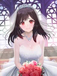 Rule 34 | 1girl, absurdres, alternate costume, azur lane, bare shoulders, black hair, blush, bouquet, breasts, bridal veil, cleavage, closed mouth, commentary request, dress, flower, goriegorigori, happy tears, highres, holding, holding bouquet, indoors, jewelry, large breasts, medium hair, necklace, red eyes, red flower, royal fortune (azur lane), sleeveless, sleeveless dress, smile, solo, tears, tentacle hair, tentacles, tiara, twitter username, veil, wedding dress, white dress