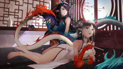 Rule 34 | 2girls, :d, :o, absurdres, alternate hair color, arknights, bare legs, bare shoulders, barefoot, bead bracelet, beads, black hair, blue dress, blue skin, bracelet, china dress, chinese clothes, colored skin, dragon girl, dragon horns, dragon tail, dress, dusk (arknights), dusk (everything is a miracle) (arknights), earrings, folded fan, folding fan, full body, gradient skin, hand fan, highres, holding, holding fan, horns, incense burner, indoors, jewelry, looking at viewer, lying, multicolored hair, multiple girls, nail polish, nian (arknights), nian (unfettered freedom) (arknights), official alternate costume, on stomach, open mouth, pelvic curtain, pointy ears, purple eyes, red eyes, red hair, red nails, red skin, round window, sitting, sleeveless, sleeveless dress, smile, streaked hair, swept bangs, tail, tenmu miyabi, toenail polish, toenails, vase, white dress, window