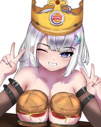 1girl arm_belt bare_shoulders breasts burger burger_king cheese collarbone commentary crown detached_sleeves double_v ember_amane english_commentary food grey_hair grin hair_ornament highres lettuce long_hair mole mole_on_breast mole_under_eye multicolored_hair multiple_moles one_eye_closed phase_connect purple_eyes purple_hair risha shadow smile solo streaked_hair tomato tomato_slice v virtual_youtuber