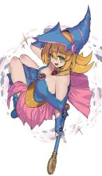 Rule 34 | 1girl, bare shoulders, blonde hair, blue dress, blue headwear, blush stickers, breasts, brooch, cleavage, dark magician girl, detached sleeves, dress, floating, from above, green eyes, hand on headwear, hand up, highres, holding, holding staff, jewelry, large breasts, legs together, long hair, looking at viewer, open mouth, ranf, sleeveless, sleeveless dress, solo, staff, strapless, strapless dress, teeth, upper teeth only, white background, yu-gi-oh!