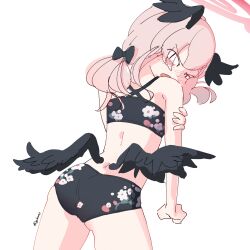 Rule 34 | 1girl, ass, bare shoulders, bikini, black bikini, black bow, black wings, blue archive, blush, bow, breasts, embarrassed, feathered wings, floral print, from behind, front-tie bikini top, front-tie top, gubuos, hair bow, halo, head wings, highres, koharu (blue archive), koharu (swimsuit) (blue archive), looking at viewer, looking back, low wings, pink hair, pink halo, print bikini, simple background, small breasts, solo, spaghetti strap, swimsuit, twintails, white background, wings