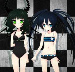 Rule 34 | 10s, 2girls, arm hug, arms behind back, bad id, bad pixiv id, bikini, black hair, black rock shooter, black rock shooter (character), blue eyes, breasts, casual one-piece swimsuit, checkered background, choker, cleavage, dead master, frown, green eyes, horns, long hair, medium breasts, moorina, multiple girls, navel, one-piece swimsuit, shorts, small breasts, standing, swimsuit, twintails, wings