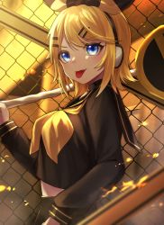Rule 34 | 1girl, :p, alternate breast size, black serafuku, black skirt, blonde hair, blue eyes, blurry, bow, breasts, carrying over shoulder, chain-link fence, crop top, depth of field, fence, flipped hair, from side, hair bow, hair ornament, hairclip, headphones, highres, kagamine rin, long sleeves, looking at viewer, medium breasts, midriff, rettou joutou (vocaloid), road sign, school uniform, serafuku, short hair, sign, skirt, skirt set, smile, solo, soramame pikuto, swept bangs, tongue, tongue out, upper body, vocaloid, yellow theme