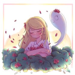 Rule 34 | 1girl, abigail (don&#039;t starve), blonde hair, closed eyes, don&#039;t starve, dress, flower, ghost, hair flower, hair ornament, highres, long hair, madeline1224, no mouth, petals, red flower, siblings, sisters, solo, swept bangs, wendy (don&#039;t starve), white dress