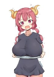 Rule 34 | 1girl, absurdres, black dress, breast rest, breasts, carried breast rest, carrying, collarbone, dragon horns, dress, drill hair, highres, holding, holding plate, horns, huge breasts, ilulu (maidragon), impossible clothes, impossible dress, kobayashi-san chi no maidragon, long hair, looking at viewer, low twintails, neho-kun, pink eyes, plate, purple hair, short sleeves, shortstack, slit pupils, solo, standing, twin drills, twintails, twitter username, v-shaped eyebrows, white background