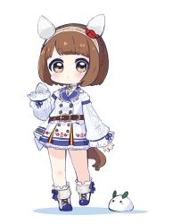 Rule 34 | 1girl, absurdres, animal ears, bare shoulders, blue sailor collar, blush, braid, brown eyes, brown hair, brown hairband, chibi, closed mouth, clothing cutout, colored shadow, commentary request, crown braid, dress, full body, gloves, hairband, hand up, highres, horse ears, horse girl, horse tail, long sleeves, looking at viewer, nozo (hitomiz), puffy long sleeves, puffy sleeves, revision, sailor collar, shadow, shoes, short hair, shoulder cutout, simple background, single glove, sleeves past wrists, snow rabbit, solo, standing, standing on one leg, tail, umamusume, white background, white dress, white footwear, white gloves, yukino bijin (umamusume)