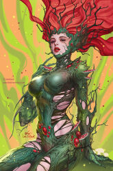 Rule 34 | 1girl, artist name, breasts, commentary, dc comics, english commentary, green eyes, highres, in-hyuk lee, instagram logo, instagram username, large breasts, long hair, looking at viewer, mushroom, poison ivy, red hair, red lips, signature, sitting, solo, watermark, web address