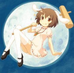 Rule 34 | 1girl, :q, animal ears, blush, brown hair, carrot, carrot necklace, dress, female focus, full moon, hammer, holding, inaba tewi, jewelry, kine, mallet, mary janes, moon, necklace, pendant, rabbit ears, red eyes, shoes, short hair, smile, solo, sparkle, thighhighs, tongue, tongue out, touhou, white thighhighs, yamasan, zettai ryouiki