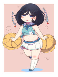 Rule 34 | 1girl, puff of air, bare shoulders, black hair, blue eyes, blue footwear, blue neckerchief, blush, border, breasts, cheerleader, commentary request, crop top, full body, hair between eyes, head tilt, heart, highres, holding, holding pom poms, horoyuki (gumizoku), kneehighs, looking at viewer, medium hair, midriff, navel, neckerchief, no nose, open mouth, original, outside border, pink background, plump, pom pom (cheerleading), pom poms, sailor collar, shadow, shoes, skirt, sleeveless, small breasts, socks, solo, standing, standing on one leg, sweat, thick thighs, thighs, white border, white socks