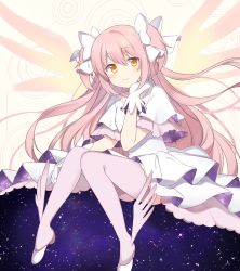 Rule 34 | blush, commentary request, dress, frilled dress, frills, fujishiro emyu, full body, galaxy, gloves, gradient wings, hair ribbon, hand on own chin, hand on own knee, high heels, highres, kaname madoka, light smile, long hair, looking at viewer, magical girl, mahou shoujo madoka magica, mahou shoujo madoka magica (anime), multicolored wings, pink hair, pink thighhighs, pink wings, pumps, ribbon, simple background, solo, space, space print, starry sky print, thighhighs, two side up, ultimate madoka, white dress, white footwear, white gloves, white ribbon, winged footwear, wings, yellow background, yellow eyes, yellow wings