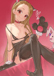 Rule 34 | 1girl, absurdres, animal collar, animal ear hairband, animal ears, animal hands, armpit crease, babydoll, black gloves, black nightgown, black panties, black thighhighs, blush, bra, breasts, brown hair, cat ear hairband, cat ears, collar, collarbone, commentary, crossed legs, fake animal ears, feet out of frame, flower, forehead, fur-trimmed gloves, fur trim, gloves, hairband, heart, highres, idolmaster, idolmaster million live!, lingerie, long hair, looking at viewer, minase iori, nightgown, nipples, panties, panty pull, partially undressed, paw gloves, perorin, purple flower, rabbit, red background, red collar, red eyes, see-through, see-through bra, simple background, sitting, small breasts, smile, solo, string panties, stuffed animal, stuffed rabbit, stuffed toy, thighhighs, underwear