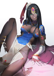 Rule 34 | 1girl, ass, bed, black hair, bracelet, breasts, circlet, cleavage, dark-skinned female, dark skin, fate/grand order, fate (series), green eyes, guratan, hip focus, jewelry, large breasts, leg lift, long hair, looking at viewer, parted lips, scheherazade (fate), solo, staff, thick thighs, thighs, very long hair