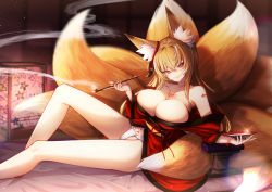 Rule 34 | 1girl, animal ear fluff, animal ears, bare legs, bare shoulders, blonde hair, breasts, cleavage, cluseller, cup, eyebrows visible through hair, floor lamp, fox ears, fox girl, fox tail, fundoshi, japanese clothes, kimono, kiseru, kitsune, large breasts, long hair, magatama, multiple tails, off shoulder, on bed, original, pipe, pubic tattoo, reclining, red eyes, sakazuki, smile, smoking, solo, tail, tattoo, thick eyebrows, tsurime, whisker markings