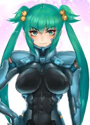Rule 34 | 1girl, abs, absurdres, bell, breasts, covered erect nipples, covered navel, cui yifei, fortified suit, green eyes, green hair, hair bell, hair ornament, hand on own hip, highres, long hair, medium breasts, muv-luv, muv-luv alternative, muv-luv total eclipse, nanabankarasu, pilot suit, science fiction, skin tight, smile, solo, twintails, upper body, v-shaped eyebrows, very long hair