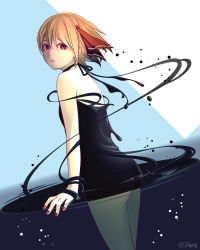 Rule 34 | 1girl, alternate costume, ass, bad id, bad pixiv id, bare arms, bare shoulders, black dress, blonde hair, cowboy shot, darkness, dress, from side, hair ribbon, looking at viewer, looking to the side, microdress, nail polish, partially submerged, red eyes, red nails, red ribbon, ribbon, rumia, short hair, solo, taka8, thighs, touhou, twitter username, wading