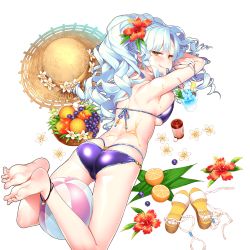 Rule 34 | 1girl, anklet, ass, ball, barefoot, beachball, between legs, bikini, blue hair, braid, breasts, butt crack, character request, drink, feet, flower, food, fruit, fruit bowl, giuniu, half-closed eyes, hat, hibiscus, jewelry, large breasts, light blue hair, looking at viewer, looking back, lotion, mouth hold, naughty face, official art, orange (fruit), original, platform footwear, sandals, unworn sandals, shoes, unworn shoes, silver hair, smile, soles, solo, straw hat, sunscreen, swimsuit, toes, transparent background, trefoil, uchi no hime-sama ga ichiban kawaii, untied bikini, whale tail (clothing), yellow eyes