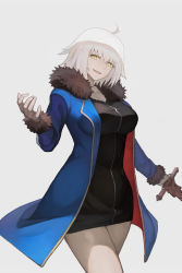 Rule 34 | 1girl, absurdres, black dress, blue coat, breasts, cjyoung, cleavage, coat, collarbone, cowboy shot, dress, fate/grand order, fate (series), fur-trimmed coat, fur trim, grey background, highres, jeanne d&#039;arc (fate), jeanne d&#039;arc alter (fate), jeanne d&#039;arc alter (ver. shinjuku 1999) (fate), large breasts, long sleeves, looking at viewer, official alternate costume, open clothes, open coat, open mouth, short dress, short hair, silver hair, simple background, solo, standing, thighs, wicked dragon witch ver. shinjuku 1999, yellow eyes