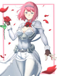 Rule 34 | 1girl, ark royal (kancolle), belt, blue eyes, blush, bob cut, breasts, brown gloves, cleavage cutout, closed mouth, clothing cutout, corset, fingerless gloves, flower, gloves, highres, holding, holding flower, kantai collection, lips, medium breasts, overskirt, pantyhose, petals, red flower, red hair, red neckwear, red rose, rose, shingyou (alexander-13), short hair, shorts, simple background, solo, tiara, white corset, white pantyhose, white shorts