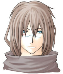 Rule 34 | 1boy, bad id, blue eyes, brown hair, expressionless, facial mark, final fantasy, final fantasy unlimited, hair between eyes, high collar, kuroki kaze, looking at viewer, lowres, male focus, medium hair, rendezvous, scar, scar on face, scar on nose, simple background, solo, upper body, white background
