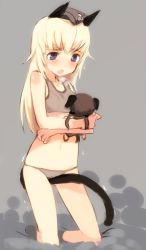 Rule 34 | 1girl, animal ears, bad id, bad pixiv id, between legs, blonde hair, blue eyes, character doll, doll, female masturbation, gertrud barkhorn, hat, helma lennartz, kneeling, lingerie, masturbation, panties, shimada fumikane, solo, sports bra, strike witches, strike witches: suomus misfits squadron, tail, tail between legs, tail masturbation, underwear, underwear only, world witches series